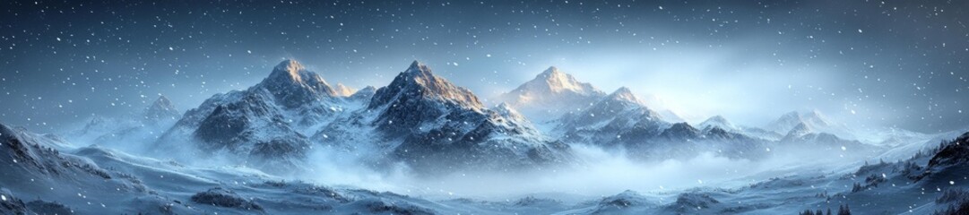 Majestic Snow-Capped Mountains in a Snowstorm with Dramatic Lighting. Generative AI
