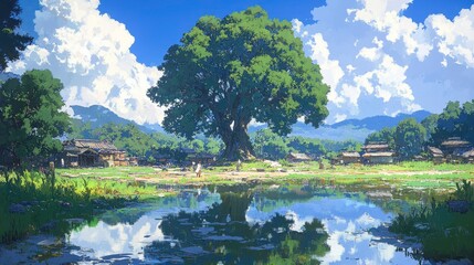 Obraz premium Serene reflection of a majestic tree tranquil village digital artwork vibrant nature aerial view peaceful landscape