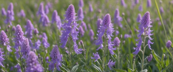 Fototapeta premium Field of blooming purple flowers with green foliage under natural light and soft focus. Copy Space.