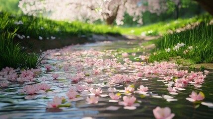 Fototapeta premium A dreamy spring riverbank covered with cherry blossom petals floating on the water,
