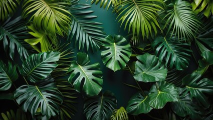 Tropical leaves background in various shapes and sizes with dark green backdrop and ample copy space for text placement