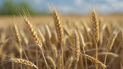 Fototapeta premium Close-up of golden wheat field with focus on ripe ears of grain against a blurred background of wheat plants and blue sky Copy Space