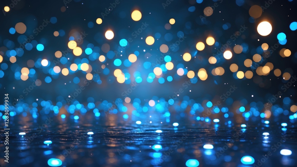 Poster abstract bokeh background with blue and golden lights reflecting on a surface creating a magical and