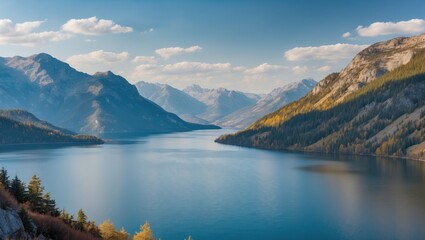 Mountain lake landscape with vibrant autumn foliage and snow-capped peaks under a blue sky with fluffy clouds Copy Space