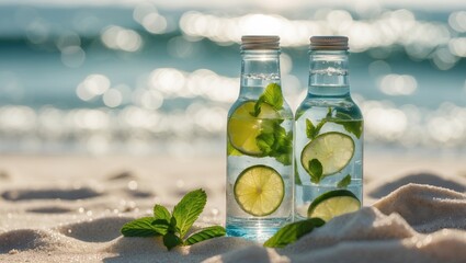 Obraz premium Fresh lemon and mint infused water in glass bottles on sandy beach with ocean waves in background Copy Space