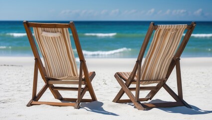 Wooden beach chairs on white sand facing the ocean with clear blue water and sky outdoor summer scene Copy Space