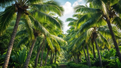 Fototapeta premium Lush tropical palm tree pathway with vibrant green foliage and blue sky in background suitable for nature and travel themes Copy Space