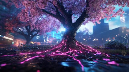 Neon Tree with Glowing Roots, vibrant tree with luminous roots extending into a radiant ground, surreal and captivating visual experience