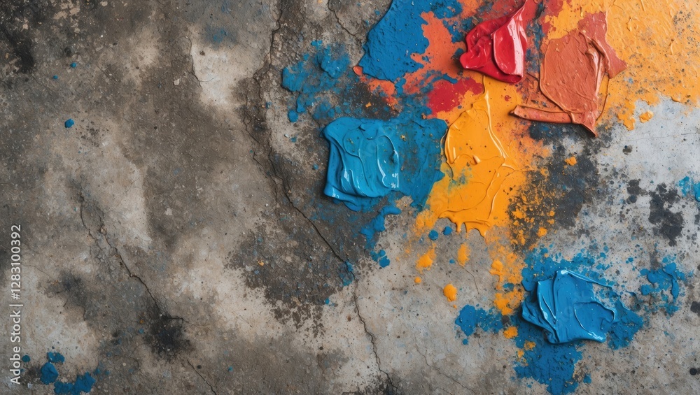 Poster abstract paint splatters on a textured concrete floor creating a vivid and artistic background for c