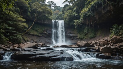 Naklejka premium Waterfall cascading over rocky terrain surrounded by lush green vegetation with tranquil river in foreground and misty atmosphere.