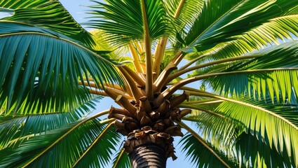 Lush green palm tree leaves with detailed textures under bright sunlight against a clear blue sky showcasing tropical beauty and vitality.