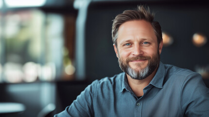 Obraz premium portrait of a well-groomed Caucasian man with a beard, dressed in a gray shirt. His bright, snow-white smile and confident gaze into the camera capture his charismatic personality.