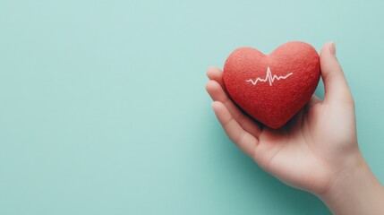 Fototapeta premium Medical red heart with cardiogram chart line in hand on a light green background for heart health awareness.