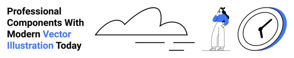 Clock icon representing time management, minimal cloud design, woman thinking. Ideal for productivity, planning, technology, innovation, minimalism, creativity flat landing page banner