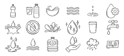 Water doodle hand drawn icons set. Water drawing sketch signs 