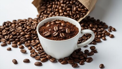Cup filled with ground coffee topped with whole beans surrounded by spilled coffee beans on a white background