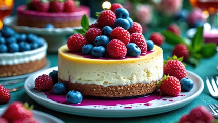 Delectable cheesecake topped with fresh berries served on a festive table showcasing vibrant colors and inviting textures
