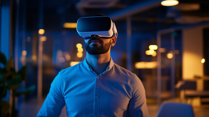 young, handsome man wearing VR glasses at his urban office late in the evening, fully immersed in a virtual reality experience. The modern office setting creates a contrast between