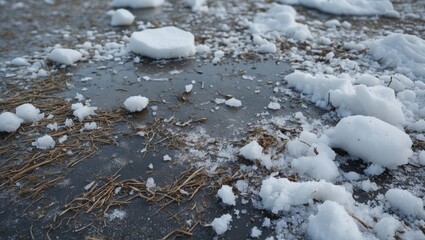 Melting snow and muddy ground showing dirty surface with scattered ice chunks and remnants of winter landscape.