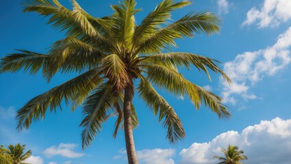 Tall palm tree against a clear blue sky with fluffy clouds tropical landscape Copy Space