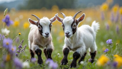 Obraz premium Two young goats playing together in a colorful wildflower field during spring season with vibrant blooms and natural scenery