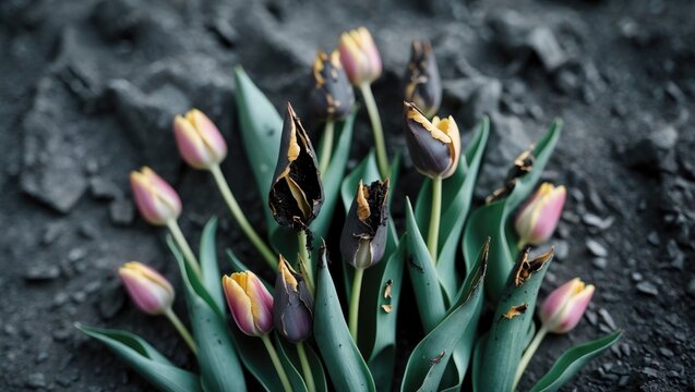 Damaged tulip leaves with insect bites on a blurred gray soil background showcasing nature's vulnerability in close-up.
