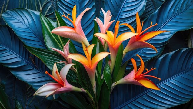 Vibrant tropical flowers with orange and pink petals surrounded by large green leaves in a rich blue background Copy Space