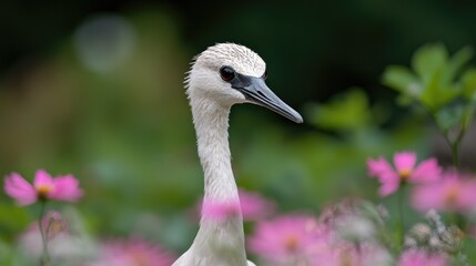 Fototapeta premium Young white stork stands amidst blooming pink flowers in a lush green garden during daytime.