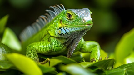 Fototapeta premium Green iguana resting on vibrant green leaves in a tropical environment during daylight
