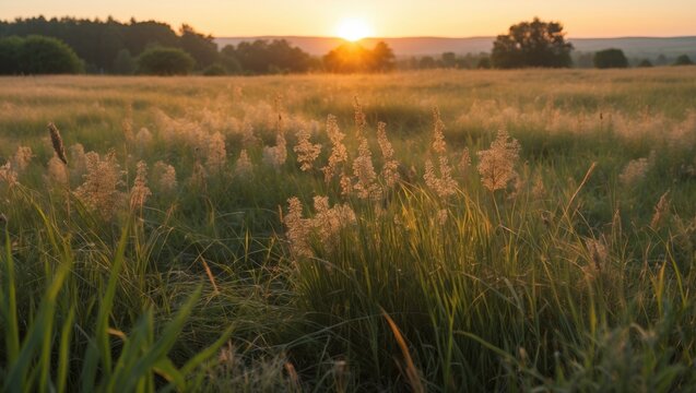 Sunset over a grassy field with wildflowers backlit by golden hour sunlight and a distant tree line Copy Space