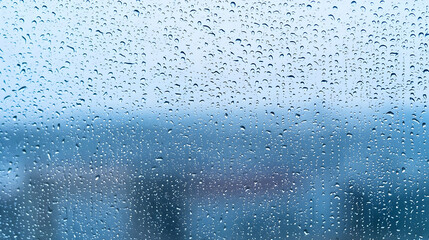 Close Up Of Rain Drops On A Window Pane With Soft Blue Sky Background