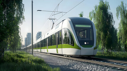 Naklejka premium Modern Train Traveling On Railroad Track Surrounded By Lush Green Trees Under Clear Blue Sky
