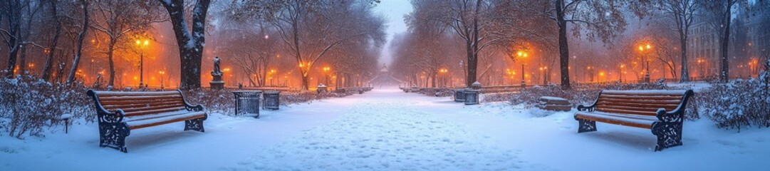 Winter park with benches and snow-covered pathway in a peaceful evening. Generative AI