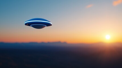A futuristic UFO hovers against a vibrant sunset, casting an intriguing silhouette over the landscape.
