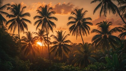 Obraz premium Tropical sunset with silhouette of palm trees against colorful sky and clouds Copy Space