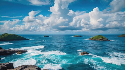 Fototapeta premium Seascape with turquoise water, rocky shoreline, small islands, and vibrant clouds under blue sky Copy Space