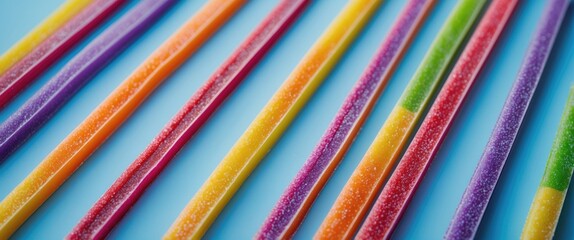 Colorful rainbow candy strips arranged in parallel on a vibrant blue background, showcasing a sweet and playful treat for all ages.