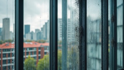 Fototapeta premium Dirty double glazed office window after acid rain showing dust and grime with a cityscape in the background creating an urban atmosphere.