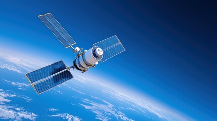 Fototapeta premium A satellite orbits above Earth, showcasing its solar panels and body against a backdrop of blue space and clouds.