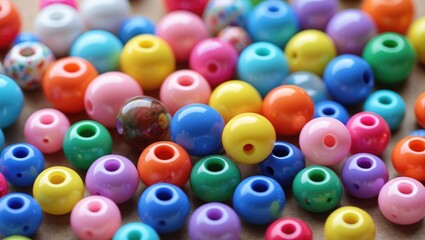 Colorful plastic beads in various shapes and sizes, perfect for creative arts and crafts projects and jewelry making activities.