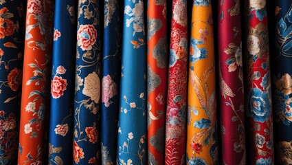 Colorful floral patterned fabric drapes stacked vertically showing intricate designs in red, blue, orange, and various hues.