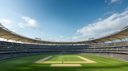 Fototapeta premium Expansive Sports Stadium Exterior With Green Field Clear Blue Sky And Cloudy Background