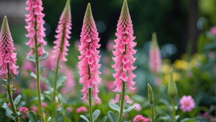 Obraz premium Pink flowering plants with elongated blooms and green foliage in a garden setting during daylight hours.