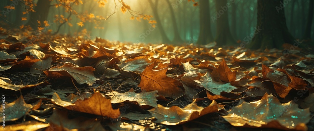 Wall mural autumn forest floor covered with dry leaves illuminated by soft sunlight creating a serene natural a