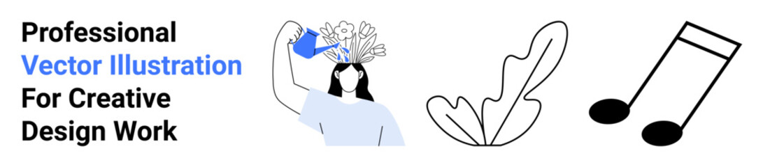Woman pours water on blooming plants growing from her head, emphasizing growth and creativity alongside leaf and music note. Ideal for creativity, innovation, nature, mindfulness, design, art, flat