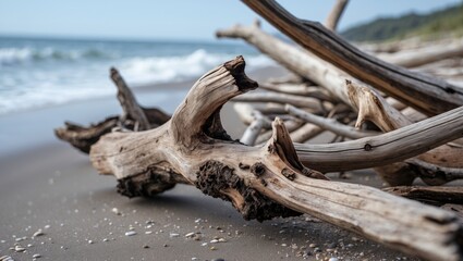 Driftwood details on sandy beach with distant ocean waves and natural coastal scenery under clear blue sky