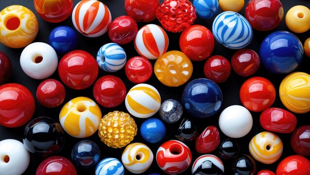 Colorful assorted decorative beads in various sizes and patterns on a dark background