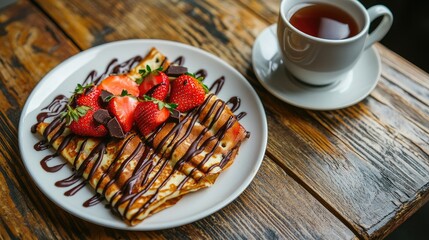 A fresh strawberry crepe drizzled with chocolate, served with a cup of hot herbal tea, placed on a white ceramic plate.