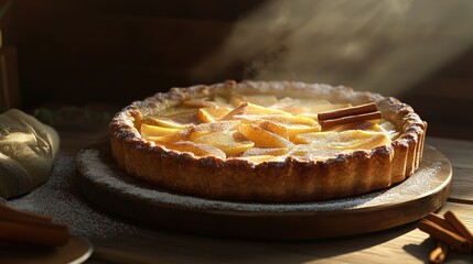 A freshly baked apple pie with a golden crust, garnished with cinnamon sticks and a dusting of cinnamon powder.