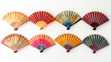 Eight Colorful Hand Fans Arranged on a White Wall Asian Decor Summer Accessory